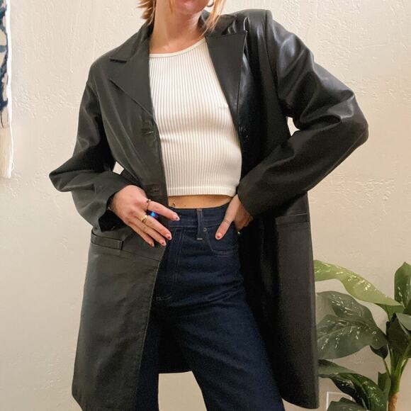 Vintage Jackets & Blazers - Vintage 1990's Black Leather Oversized Longline Blazer Jacket